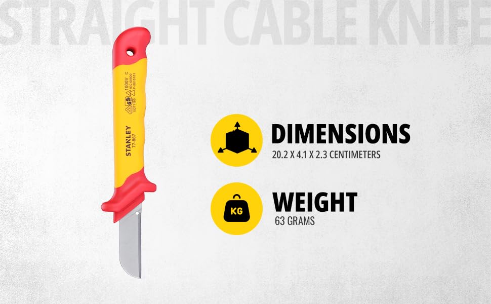 STANLEY STMT77867-23B VDE Insulated Straight Cable Knife 50x180mm, Ideal For Repair Of Electric Vehicles, Red and Yellow