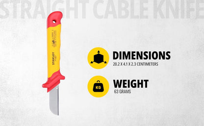 STANLEY STMT77867-23B VDE Insulated Straight Cable Knife 50x180mm, Ideal For Repair Of Electric Vehicles, Red and Yellow
