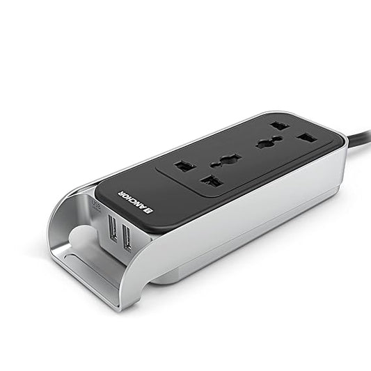 Anchor by Panasonic 6A Extension Board with Handle, 2 Sockets + USB 2.4A, 1.5m Cable (Black and Silver, 240 volts) (22074)