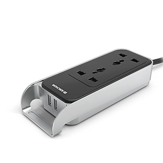 Anchor by Panasonic 6A 2 Universal Socket with 2 USB Port | 6A Extension Board with 2.4A 2 USB Port | Multi Plug Socket for Home Wall, Office (22052)