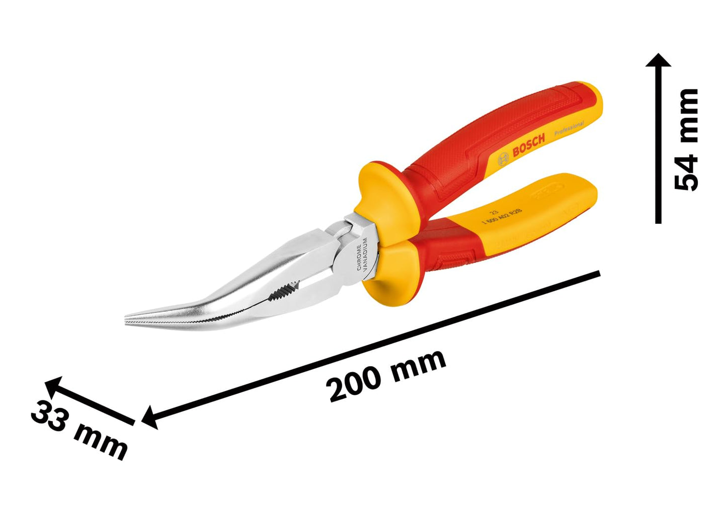BOSCH Bent Long Nose Pliers 40° Angle, 200mm (8") Length with TPU Insulation, Certified for up to 1000V, Precision for Electrical Tasks