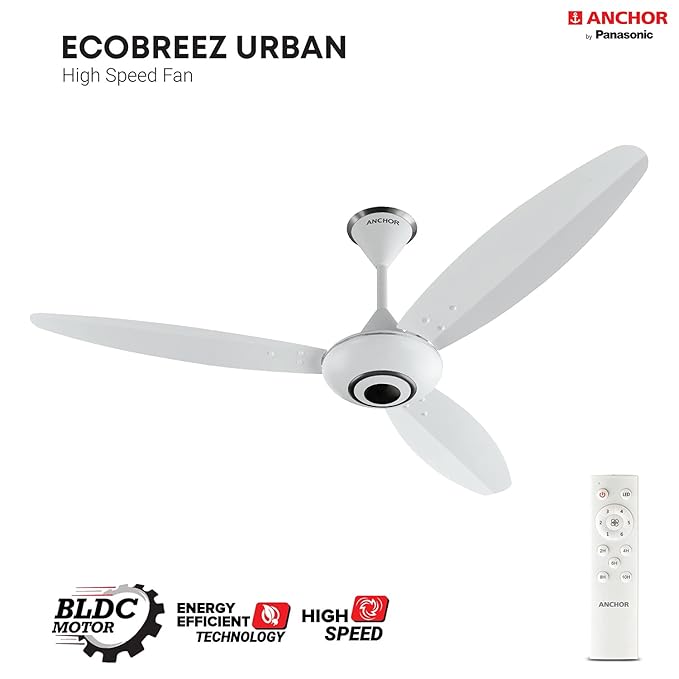ANCHOR by panasonic Ecobreeze 1200mm BLDC Ceiling Fan (3 Blade, Matt White) with Remote, Medium (14143MWH)
