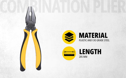 STANLEY 70-482 8'' Sturdy Steel Combination Plier Double Color Sleeve, Anti-Rust, Black Phosphate Finish, Material: C45, Full Body Hardened, Used for Gripping, Twisting, Bending and Wire Cutting