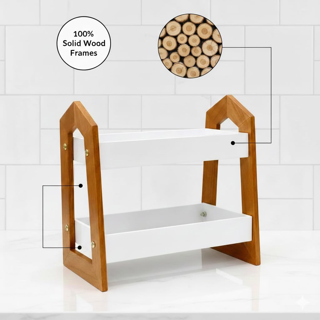 Udaipur Handicrafts 2-Tier Wooden Spice Rack Organizer | Multi-Purpose Countertop Storage Shelf for Kitchen, Bathroom & Office | Modern House-Shape Design | White & Natural Wood Finish