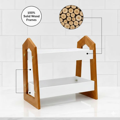 Udaipur Handicrafts 2-Tier Wooden Spice Rack Organizer | Multi-Purpose Countertop Storage Shelf for Kitchen, Bathroom & Office | Modern House-Shape Design | White & Natural Wood Finish
