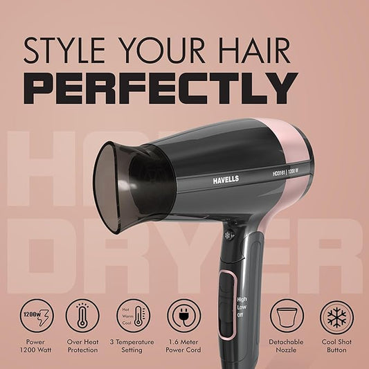 Havells 1200W Foldable Hair Dryer; 3 Heat Settings With Cool Shot (Hot/Cool/Warm),Heat Balance Technology|Cool Black|Your Perfect Blow Dry Companion For Effortless Hair Styling|Hd3161-1200 Watts