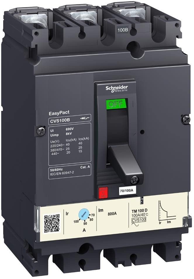 Schneider Electric LV510307 MCCB, CVS100B, 100A, 25kA, TM100D 3P3D MOULDED CASE CIRCUIT BREAKER Grey