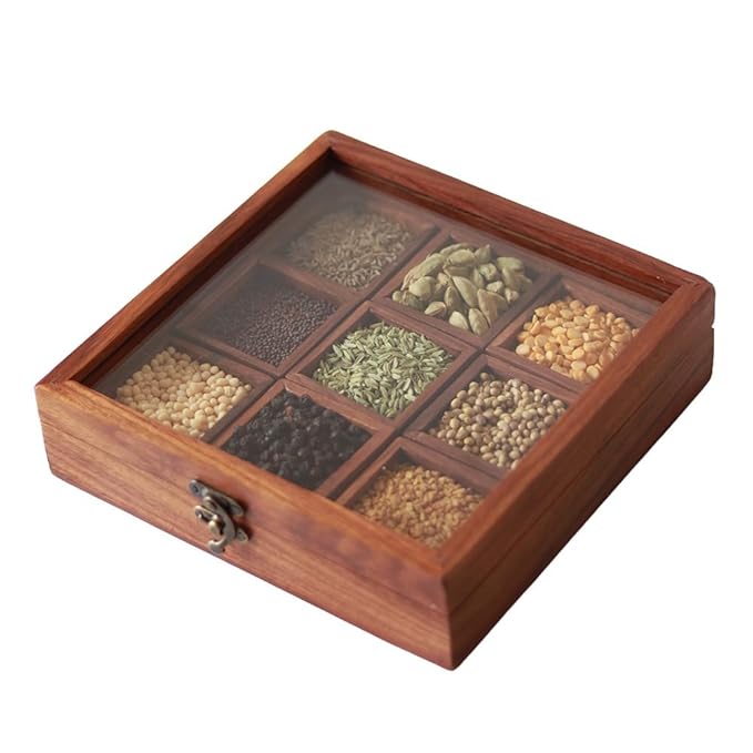 Udaipur Handicrafts Wooden Masala Dabba Spice Containers for Kitchen Storage Spice Box with Spoon Masala Box/Ajaria Petti/Nama Dani (Sheesham Wood, 9-Removable Partitions, Brown)