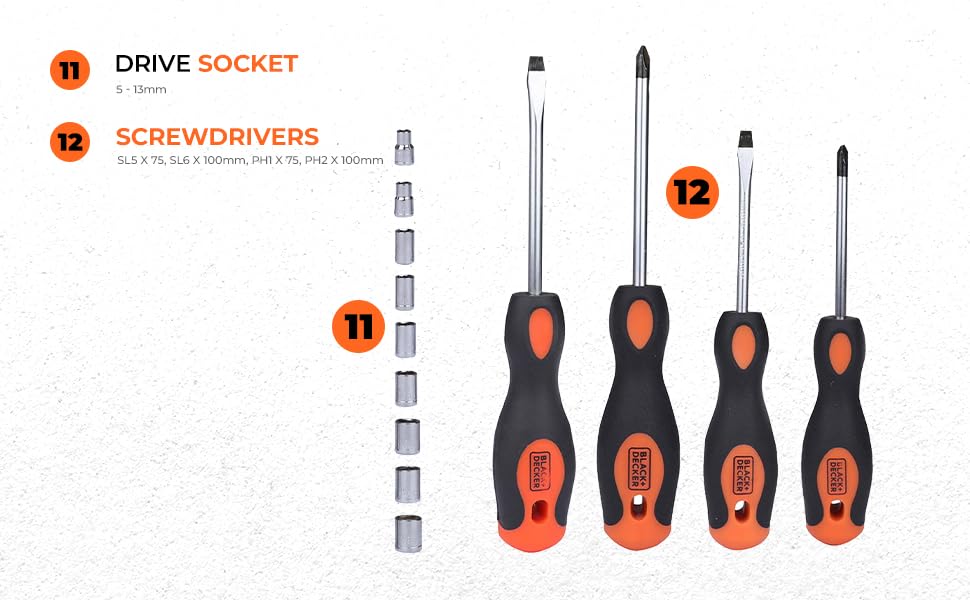 BLACK+DECKER BMT154C Hand Tool Kit for Home & DIY Use (154-Piece) - Includes Screwdriver, Wrench, Ratchet, Utility Knife, Saw, Claw Hammer, Measuring Tape and Plier, 6 Month Warranty, ORANGE & BLACK