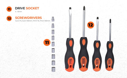 BLACK+DECKER BMT154C Hand Tool Kit for Home & DIY Use (154-Piece) - Includes Screwdriver, Wrench, Ratchet, Utility Knife, Saw, Claw Hammer, Measuring Tape and Plier, 6 Month Warranty, ORANGE & BLACK