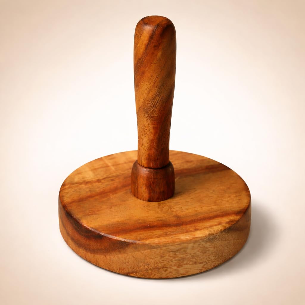 Udaipur Handicrafts  Potato Masher & Roti Presser | Natural Sheesham Wood Pav Bhaji Masher for Vegetables, Paratha & Flatbreads | Multipurpose Kitchen Tool