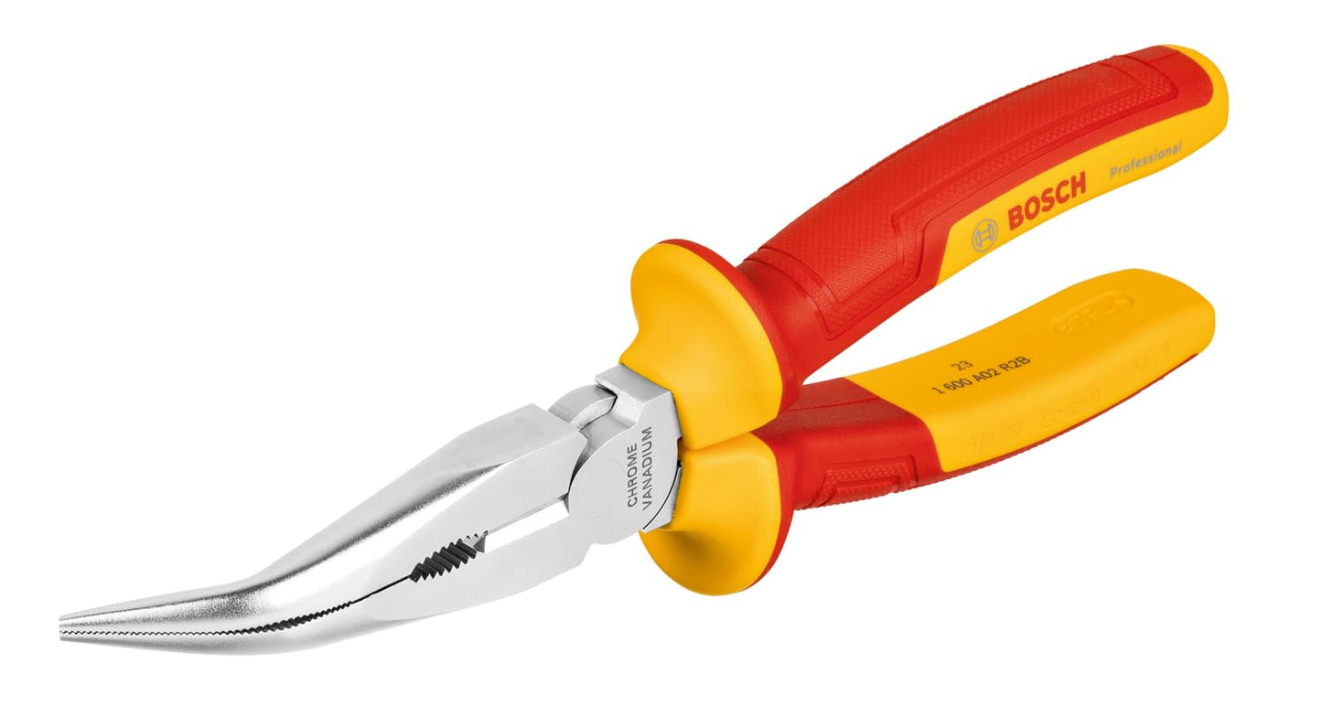 BOSCH Bent Long Nose Pliers 40° Angle, 200mm (8") Length with TPU Insulation, Certified for up to 1000V, Precision for Electrical Tasks