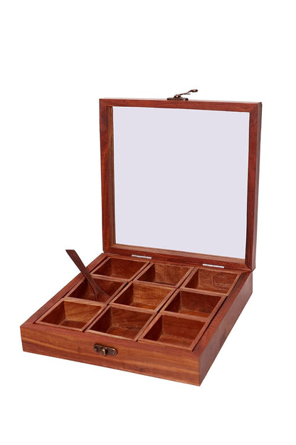 Udaipur Handicrafts Spice Box Containers & Spoon In Sheesham Wood - Wooden Spice Box Set For Kitchen Masala Spice Boxes Masala Dhaniya  Namak Dani Dabba