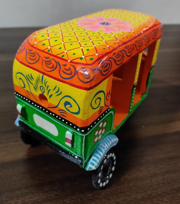 UdrCrafts® Handcrafted Push and Pull Wooden Auto Rickshaw Showpiece, Traditional Indian Design, Ideal for Collection, Gifting and Imaginative Play