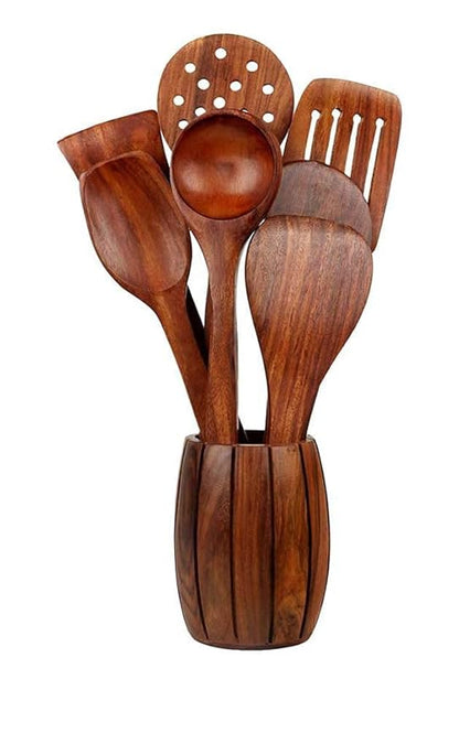 Udaipur Handicrafts Wooden Spoon for Cooking and Serving (Set of 7 (with Holder))