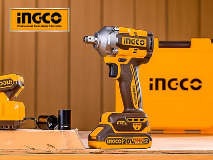 Ingco CIWLI2035 20V Cordless Brushless Impact Wrench | 1/2" Square Drive, 350Nm Torque, LED Work Light | with 2 Batteries & Charger, Carrying Case, 19/21mm Sockets