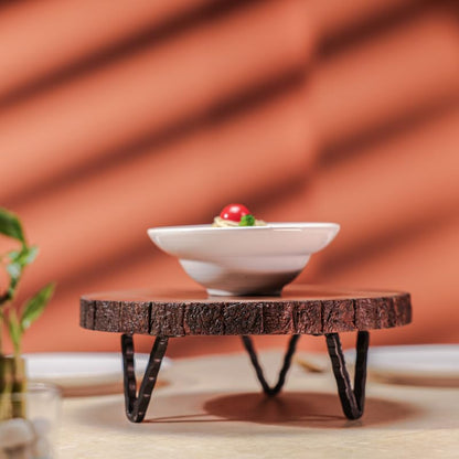 Udaipur Handicrafts | Acacia Wood Hot Pot Stand with Iron Feet | Tabletop Trivet for Hot Utensils | Kitchen & Dining Decor