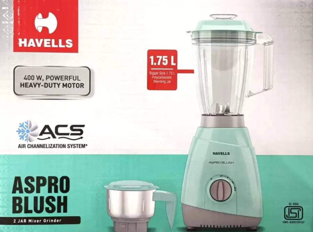 Havells Aspro Plus 400W 2 Jar Mixer Grinder, High Speed 21000 RPM Motor, 304 SS Blades, 5 Years Motor Warranty With Overload Protector, 1.5 Ltr Bigger Size Blending Jar, Blue, Transparent