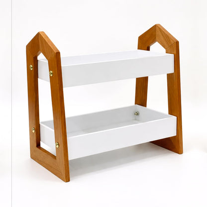 Udaipur Handicrafts 2-Tier Wooden Spice Rack Organizer | Multi-Purpose Countertop Storage Shelf for Kitchen, Bathroom & Office | Modern House-Shape Design | White & Natural Wood Finish