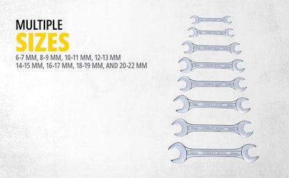 STANLEY 70-379E 8-Piece Matt Finish Double Open End Spanner Set, Chrome Vanadium Steel, Anti-Slip Design on Open End, Ideal for Tightening or Loosening Fasteners at Home, Office, Construction Sites