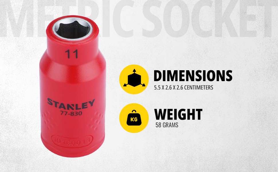 STANLEY STMT77830-23B 1/2" VDE Insulated Metric Socket 11mm, Ideal For Repair Of Electric Vehicles, Red