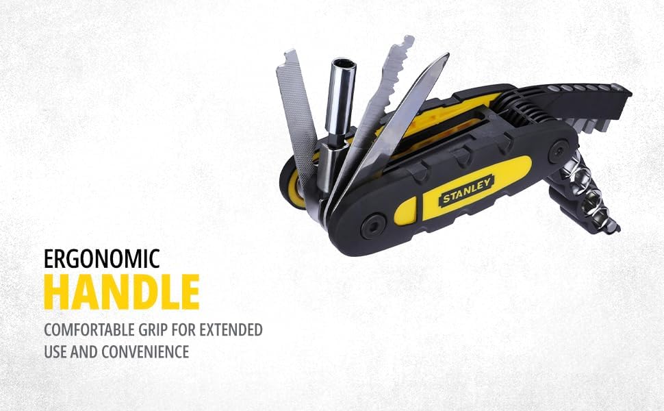 STANLEY STHT0-70695 Folding and Locking 14-in-1 Multi-Tool, Compact & Portable, KIT Contains Knife, Saw, Bottle Opener, File, Holder for Bits & Drive Adaptor for Sockets