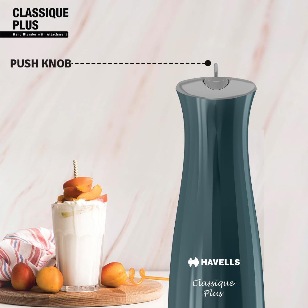 Havells Classique Plus Hand Blender | 300W Powerful Motor | Includes Chopper Attachment | One -push Operation | ABS Body | 2 Year Warranty (Cyan)