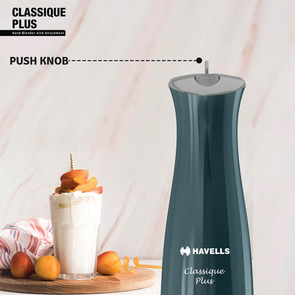 Havells Classique Plus Hand Blender | 300W Powerful Motor | Includes Chopper Attachment | One -push Operation | ABS Body | 2 Year Warranty (Cyan)