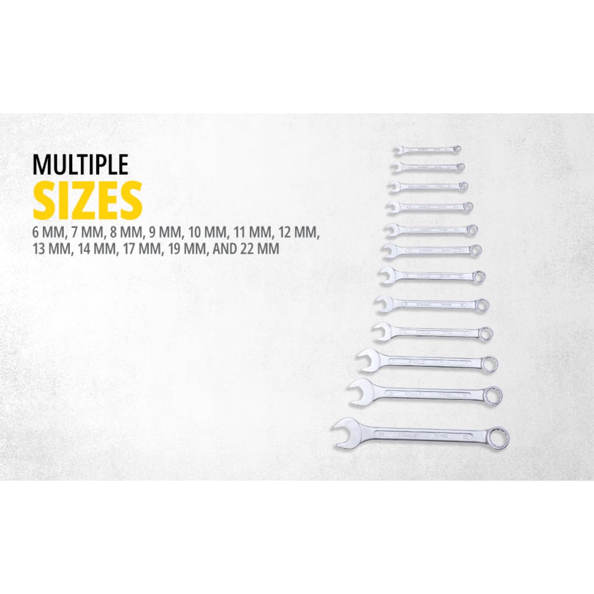 STANLEY 70-964E 12-Piece Combination Spanner Set With Maxi-Drive System, 6mm to 22mm, Chrome-Vanadium Steel, Anti-Slip Design on Open End, Anti-Rust, Matt Finish, Silver