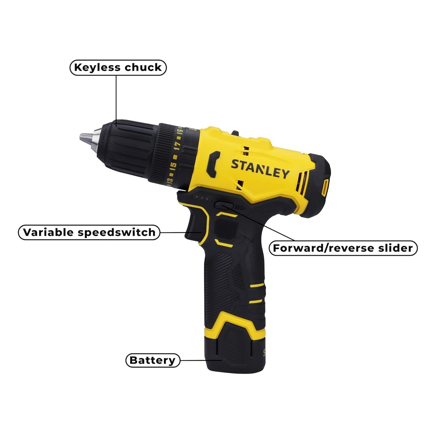 STANLEY SCH10D1-IN(12V) Brushed Cordless Hammer Drill Driver, 1x2Ah Battery & 1.5A Charger,LED Light,Variable Speed Trigger Switch,Forward/Reverse Button,10mm Chuck,Clutch Setting 20+1,1 Year Warranty
