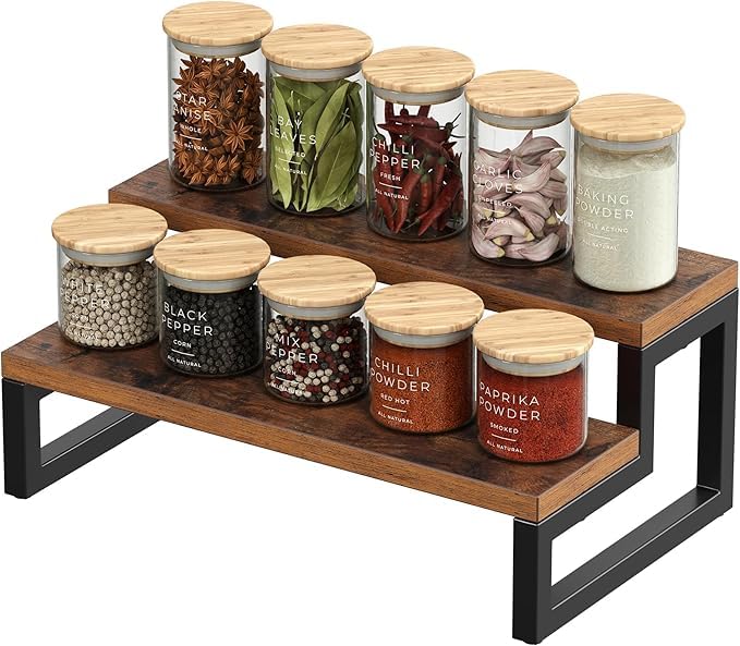 Udaipur Handicrafts Wooden Display Riser Shelf, Kitchen Counter Shelf Spice Rack Organizer, Tiered Countertop Display Shelf for Perfume, Makeup, Condiment(Brown Color) (2-Tier)