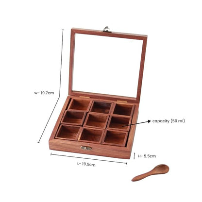 Udaipur Handicrafts Wooden Masala Dabba Spice Containers for Kitchen Storage Spice Box with Spoon Masala Box/Ajaria Petti/Nama Dani (Sheesham Wood, 9-Removable Partitions, Brown)