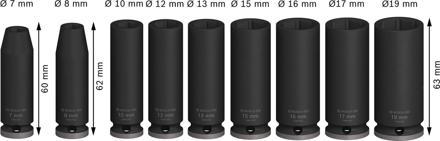 BOSCH Impact Socket Set 9-Piece | High-Torque CRMO Steel for Extreme Durability | Black Phosphate Coating for Corrosion Resistance | Secure Pin & Ring Design | Laser-Etched Sizes