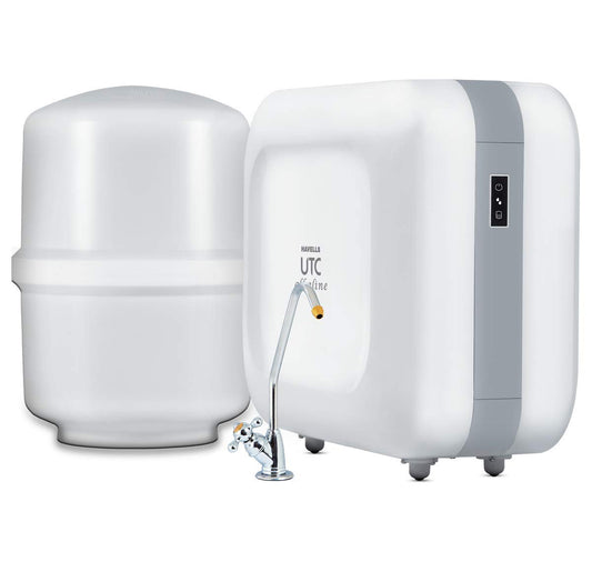Havells UTC Alkaline Water Purifier with 360-degree rotation Faucet, Cu+Zn+Alkaline+natural minerals, 8 stage Purification, 8L Plasto-Steel tank, Double UV Purification tech.(RO+UV), (Grey and White)