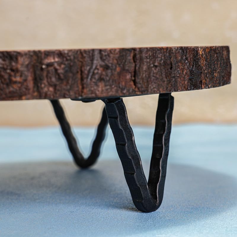 Udaipur Handicrafts | Acacia Wood Hot Pot Stand with Iron Feet | Tabletop Trivet for Hot Utensils | Kitchen & Dining Decor