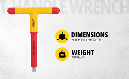 Stanley STMT77851-23B 1/2" VDE Insulated T-Handle Wrench 200mm, Ideal For Repair Of Electric Vehicles, Red and Yellow