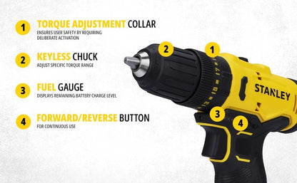 STANLEY SCH10D2K-IN(12 V)Brushed Cordless Hammer Drill Driver,2x2Ah Batteries&1.5A Charger,LED Light,Variable Speed Trigger Switch,Forward/Reverse Button,10mm Chuck,Clutch Setting 20+1,1 Year Warranty