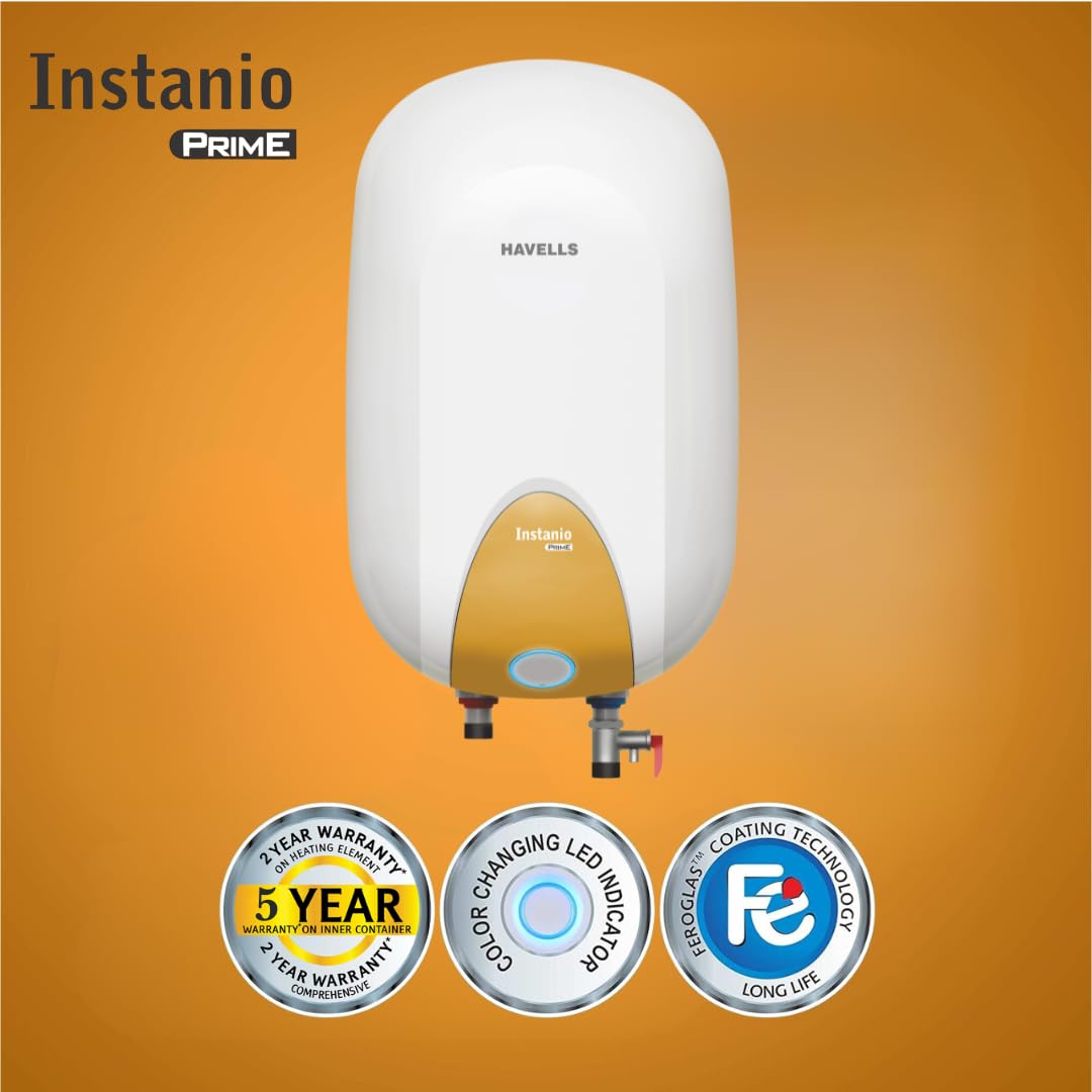 Havells Instanio Prime 15 Litre Storage Water Heater (Geyser)| Temp. Sensing Color Changing LED Indicator | Glass Coated Anti Rust Tank| Warranty: 5 Year on Tank | High Rise Compatible (White Mustard)