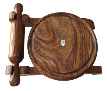 Udaipur Handicrafts Wooden Chakla Belan with Stand | Handcrafted Sheesham Wood Rolling Pin & Board Set for Roti, Chapati, Paratha, and Dough
