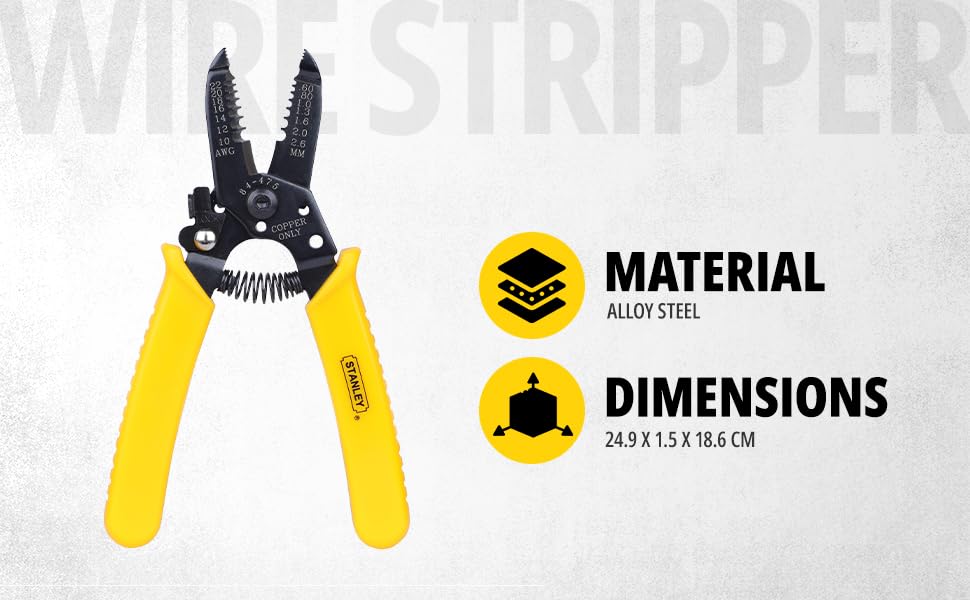 STANLEY 84-475-22 6" 150 mm Wire Stripper Ideal for Cutting, Stripping Speaker Wires & Appliance Cords for Home, DIY & Professional Use, YELLOW & BLACK