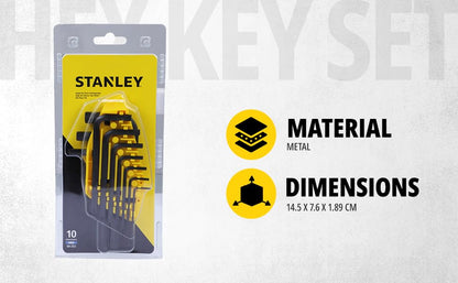 STANLEY 69-253 Metric Hex Key Set (10-Pieces), 1.5mm to 10mm, ANSI Certified, Made From S2 Steel, Clear Size Marking, Folding Plastic Carry Case, Anti-Corrosion Treatment, Black & Yellow