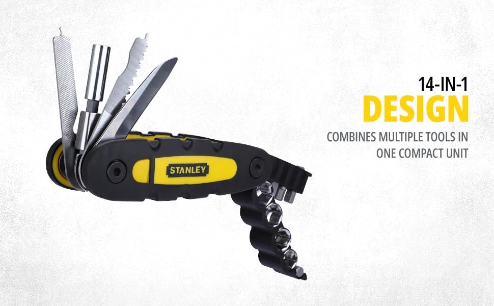 STANLEY STHT0-70695 Folding and Locking 14-in-1 Multi-Tool, Compact & Portable, KIT Contains Knife, Saw, Bottle Opener, File, Holder for Bits & Drive Adaptor for Sockets