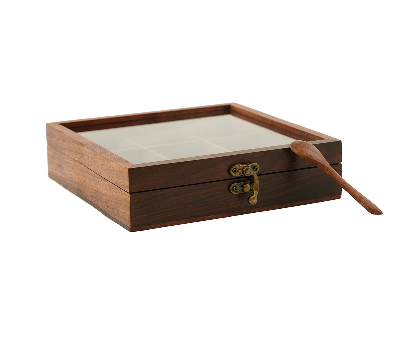 Udaipur Handicrafts Wood Brown Decorative Multi Purpose Spice Box With Nine Partitions And Spoon