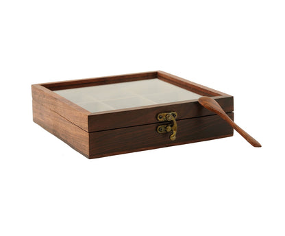 Udaipur Handicrafts Wood Brown Decorative Multi Purpose Spice Box With Nine Partitions And Spoon