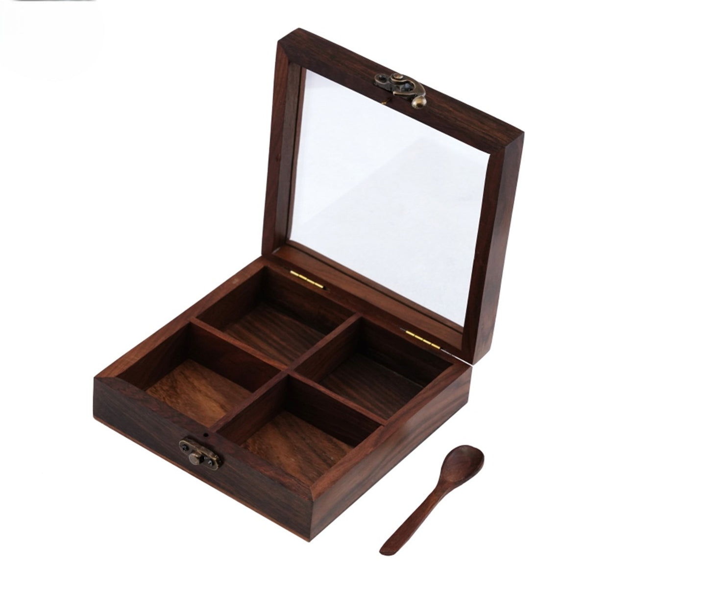 Udaipur Handicrafts Brown Wooden Spice Box With 4 Containers And Spoon