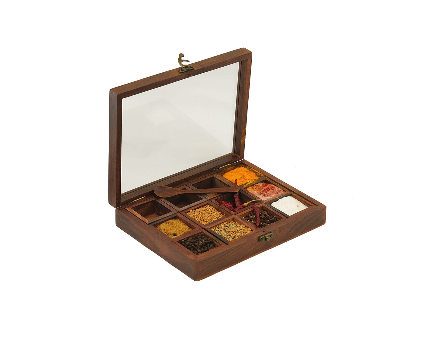 Udaipur Handicrafts Decorative Multi Purpose Wooden Spice Box With 12 Containers And Spoon