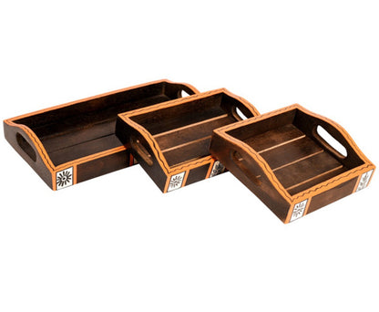Udaipur Handicrafts Wood Natural Brown Tribal Art Serving Trays - Set of 3