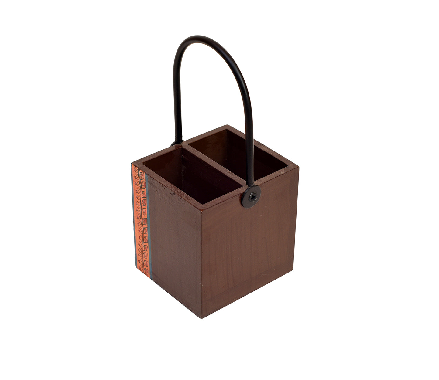 Udaipur Handicrafts Floral Pattern Handcrafted Wooden Cutlery Stand with Iron Handle