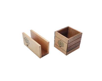 Udaipur Handicrafts Tree of Life Sheesham & Beech Wood Cutlery Holder and Napkin Holder Set of 2