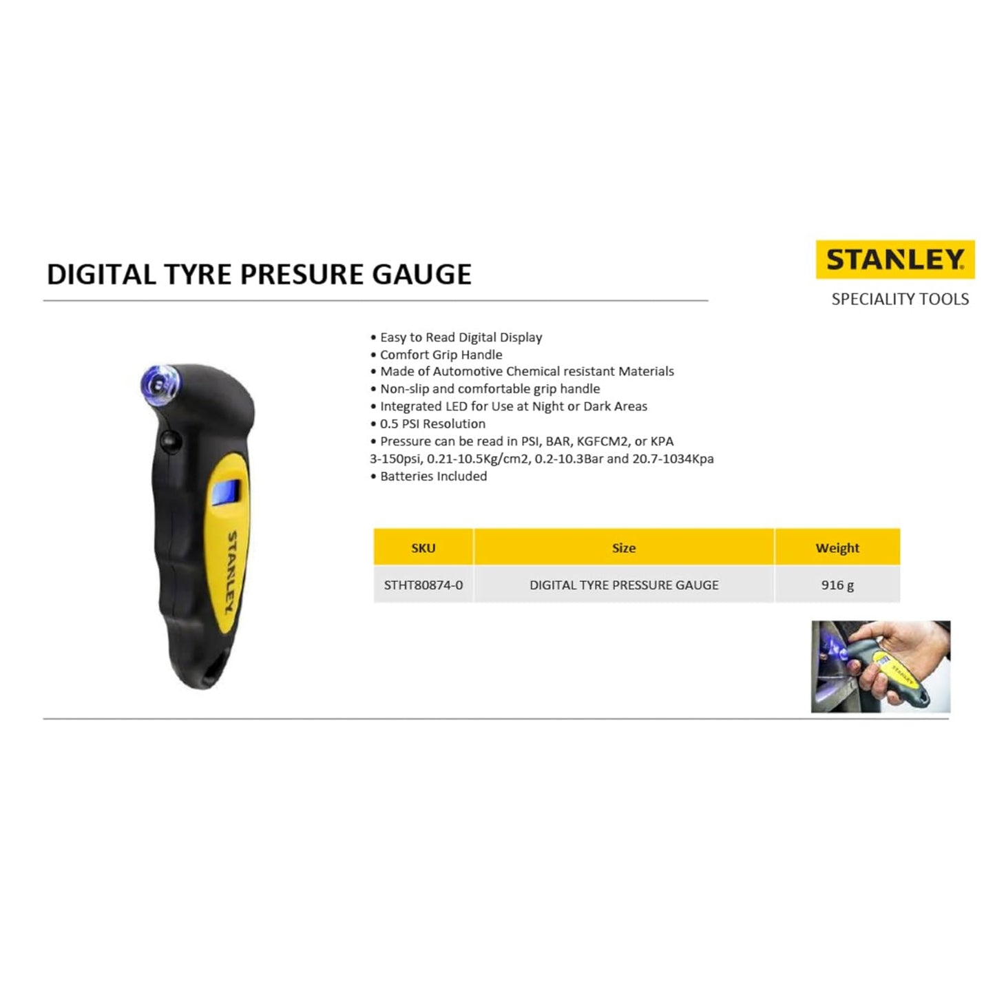 STANLEY STHT80874-0 Digital Tire Pressure Gauge with Integrated LED Display for Accurate Pressure Readings for Cars and Bikes, 0 to 6.2 Bar Working Pressure Range, 1 Year Warranty, YELLOW & BLACK